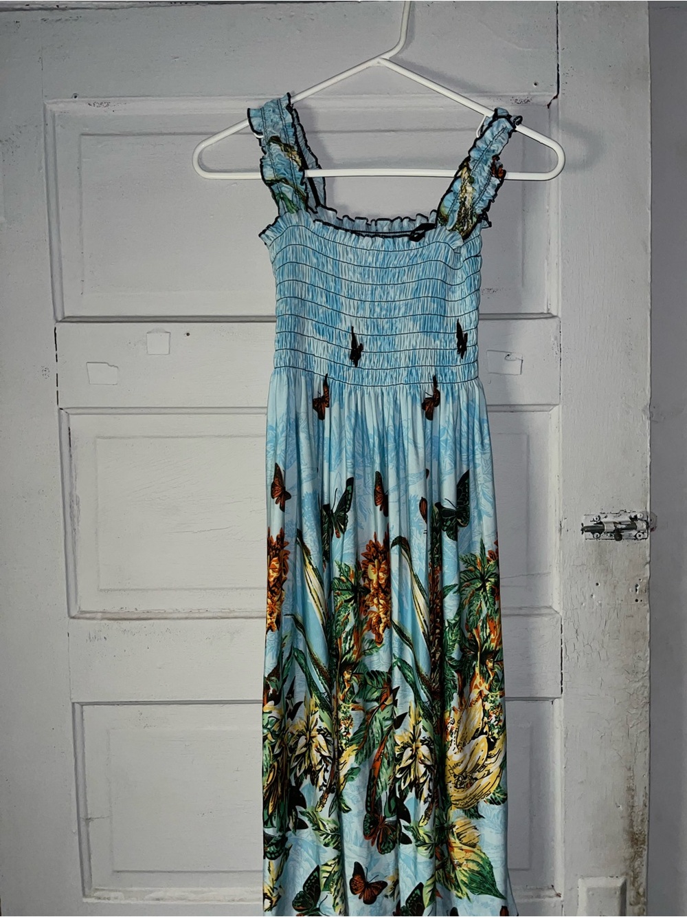 Light Blue Floral & Butterfly Maxi Dress with Smocked Bodice
